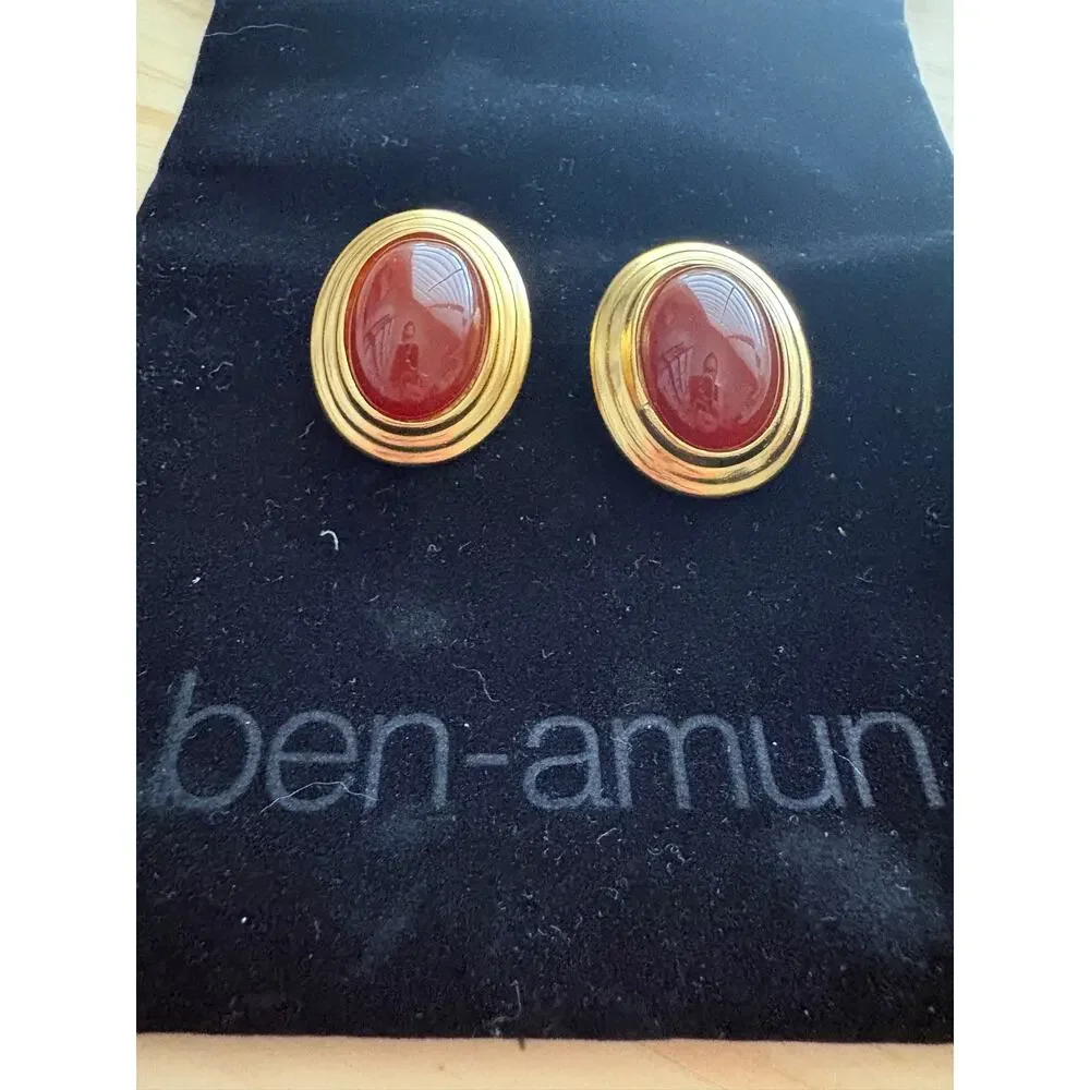 Ben Amun Vega Burgundy Earrings 24K Gold Plated Clip On Stud Lightweight